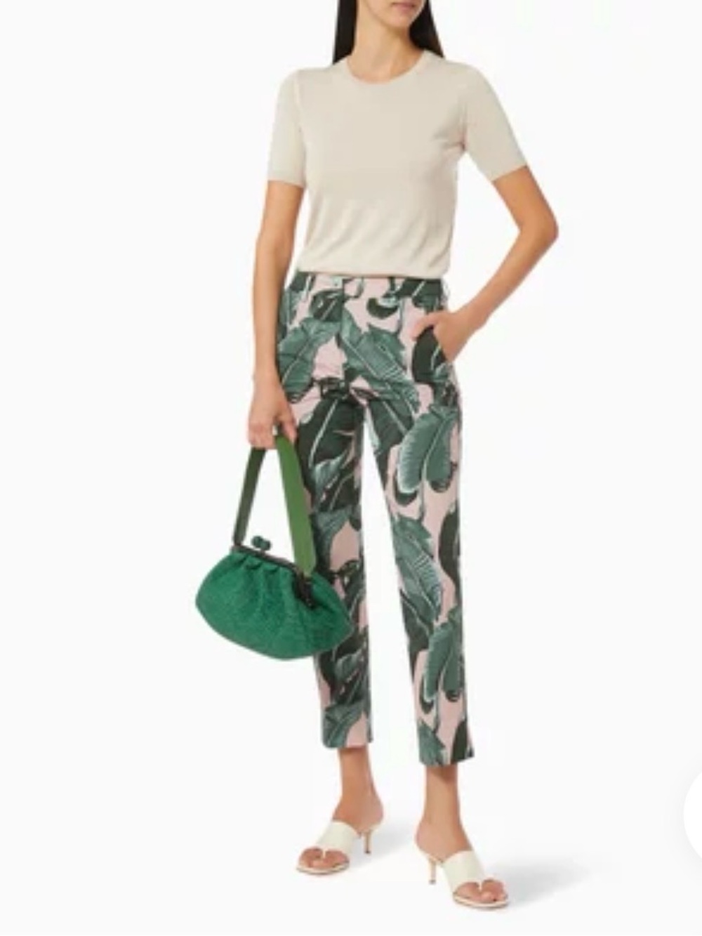 Max Mara Weekend Cropped Pants Tropical Leaf Print Cotton Green Resort Size 8